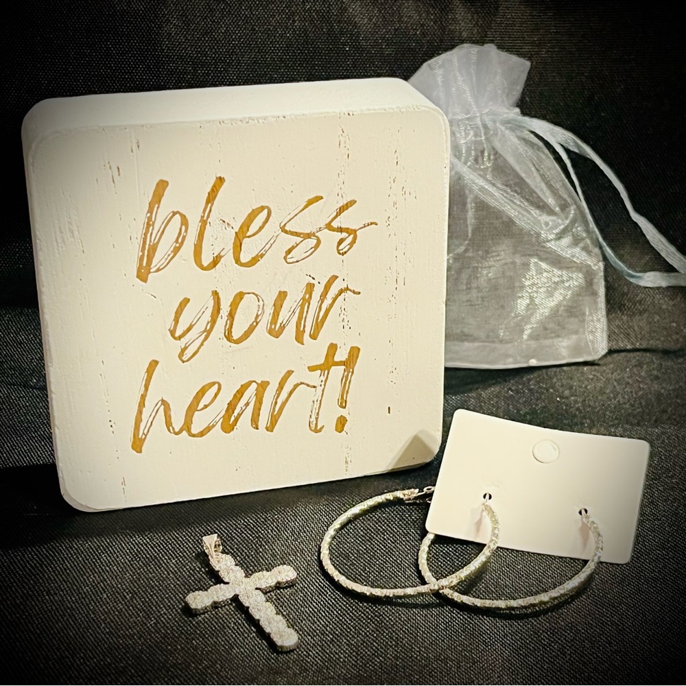 Faith Jewelry Bundle Cross Pendant Hoops Bless Your Heart Decor NWOT  2 for $22